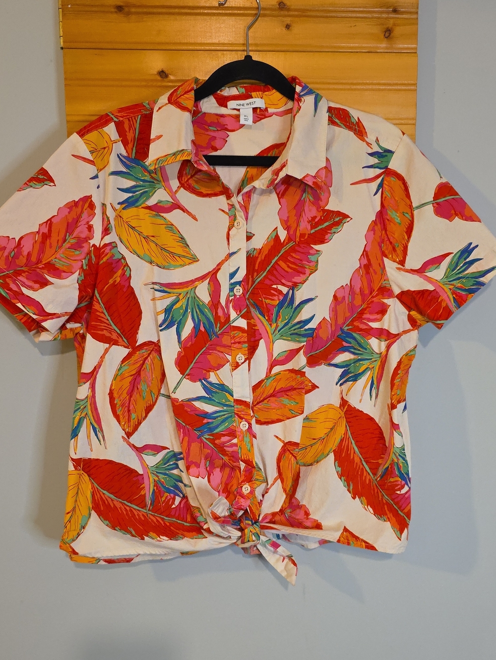 Nine West Tropical Tie Front Shirt Pink Red Yellow Floral Top Women's Size XL